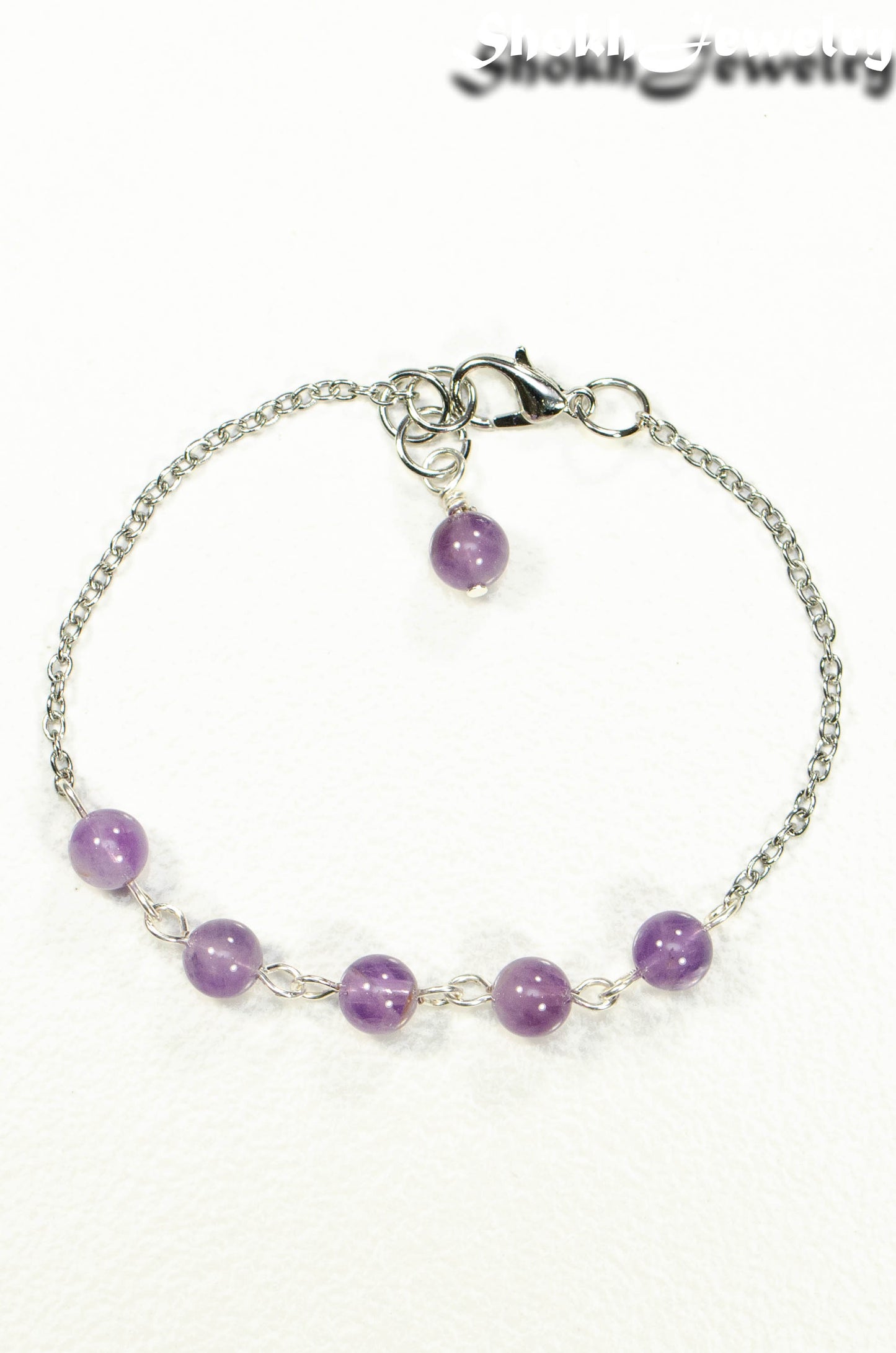 Top view of Amethyst and Stainless Steel Chain Anklet.