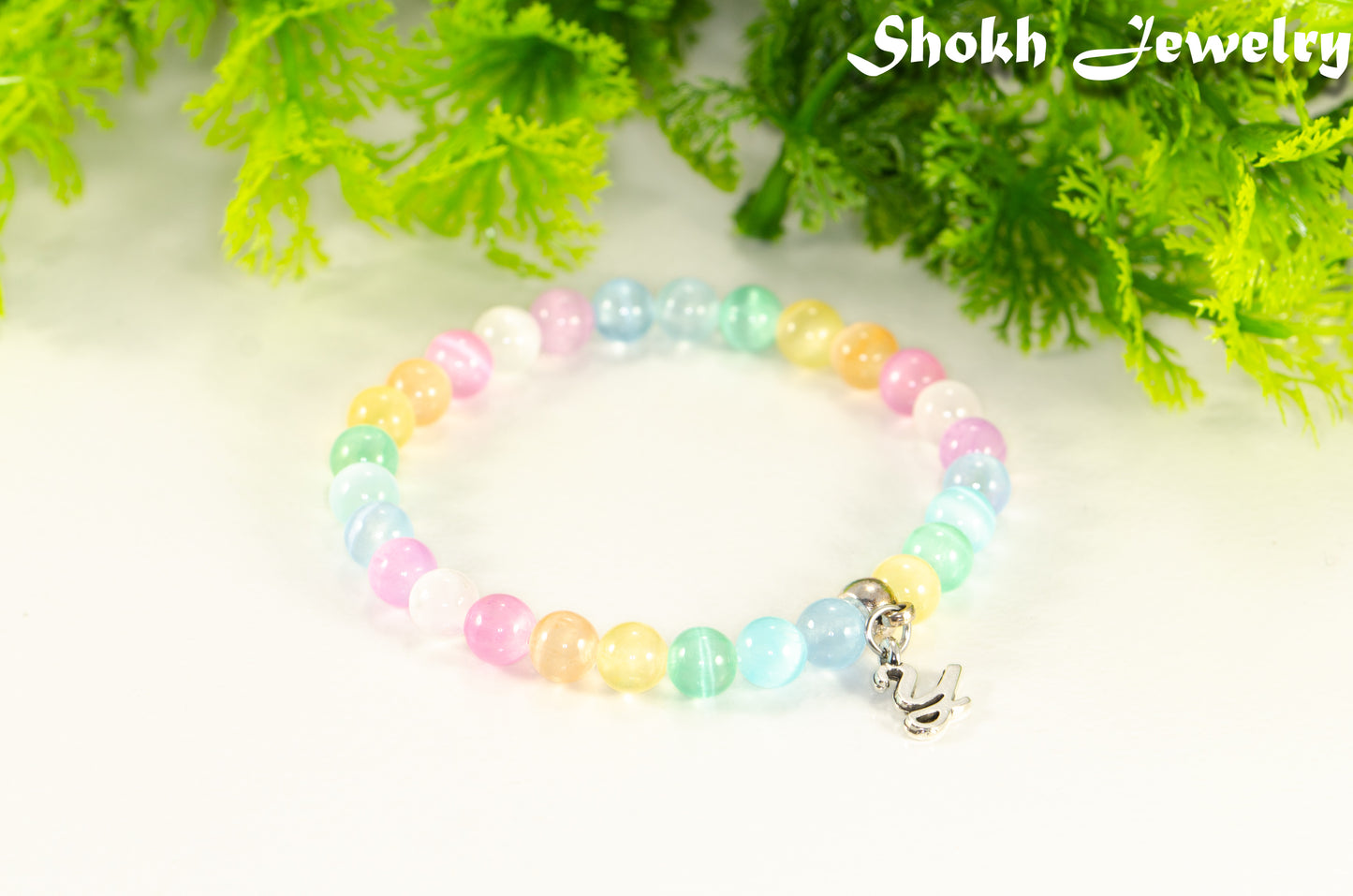 6mm Rainbow Selenite Bracelet with Initial