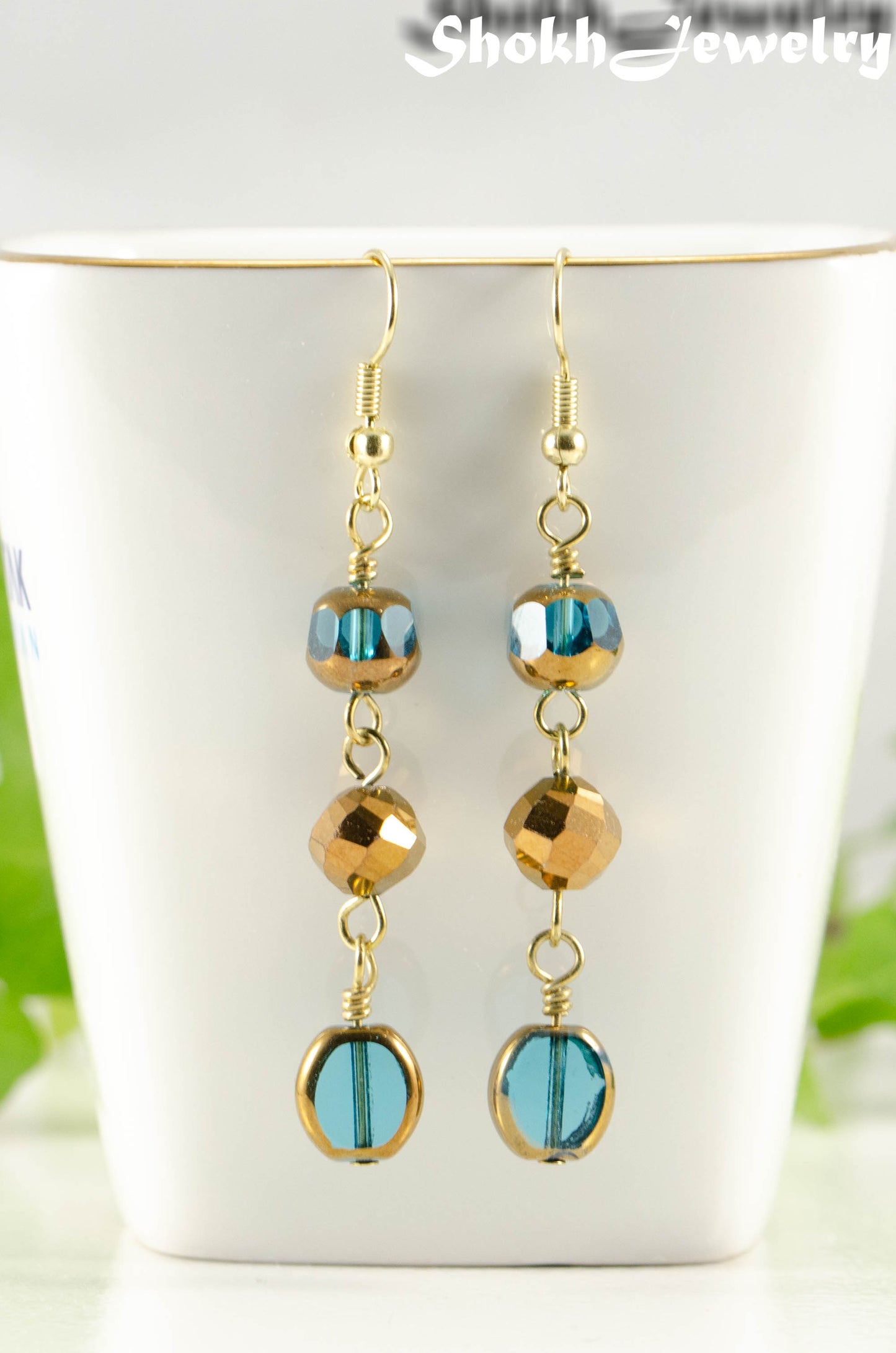 Gold and Patina Blue Glass Bead Dangle Earrings