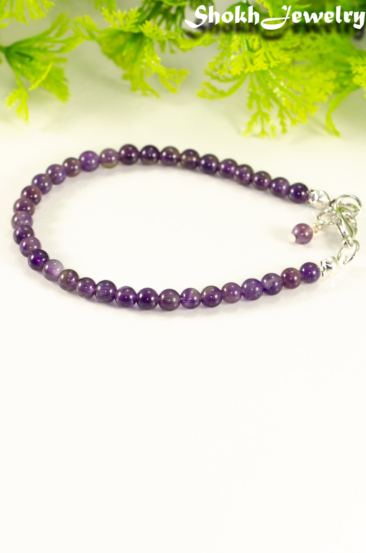Close up of 4mm Amethyst anklet with Clasp.