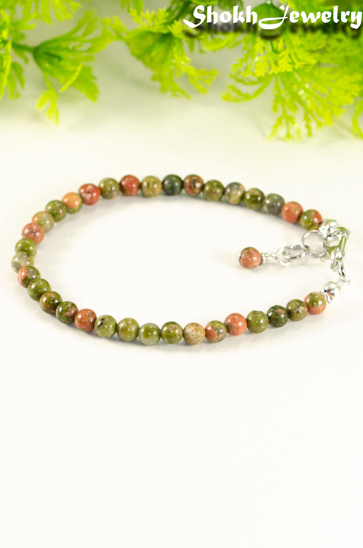 Close up of 4mm Natural Unakite anklet with Clasp.