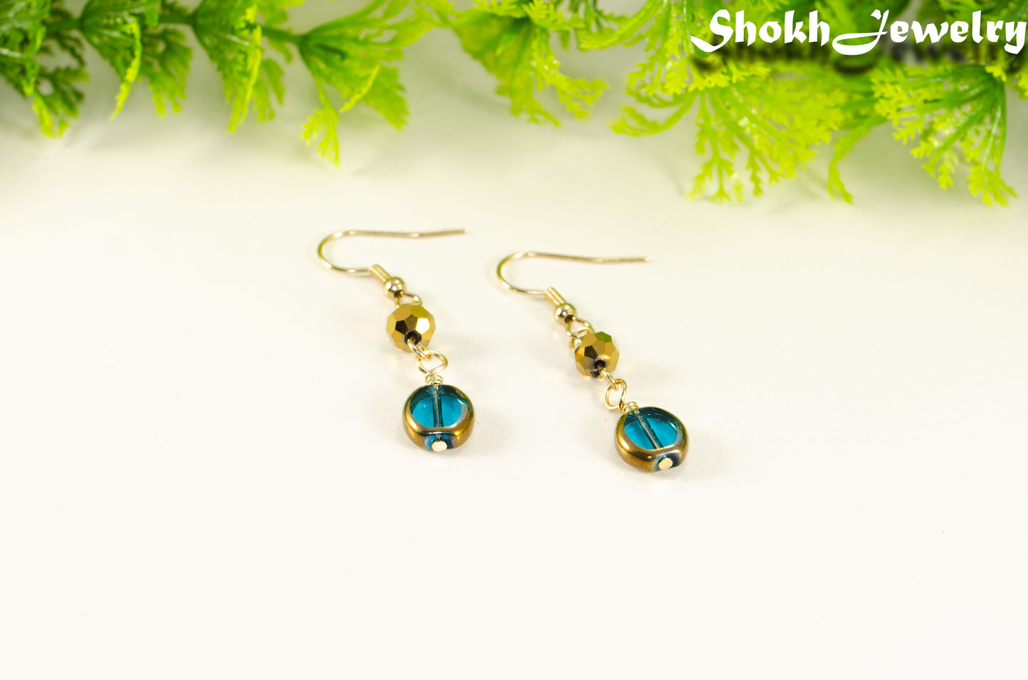 Teal and Gold Glass Bead Earrings.