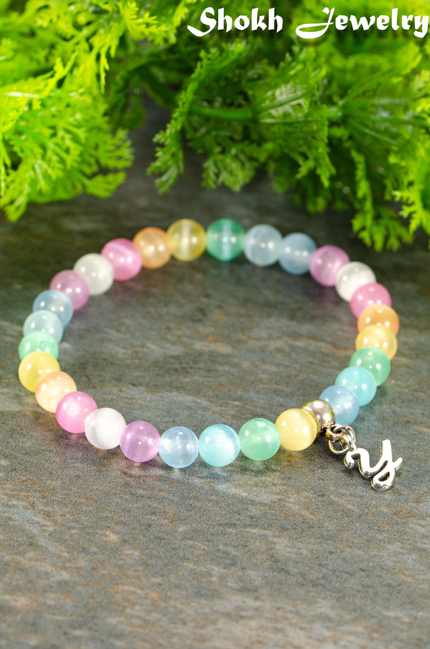 6mm Rainbow Selenite Bracelet with Initial