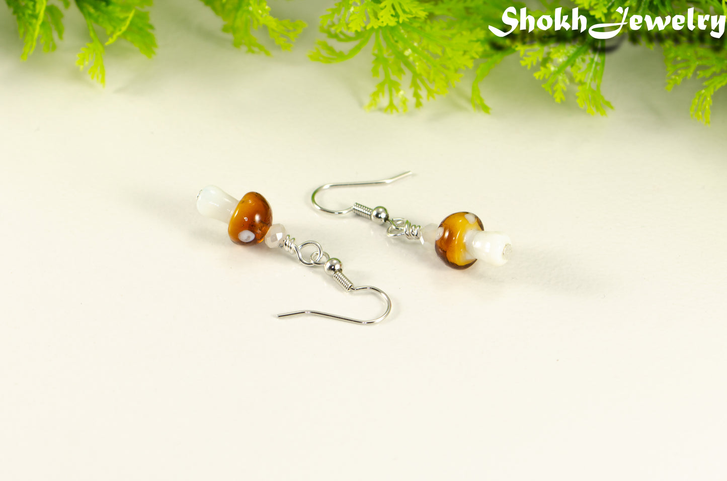 Tiny Brown Mushroom Glass Bead Earrings.