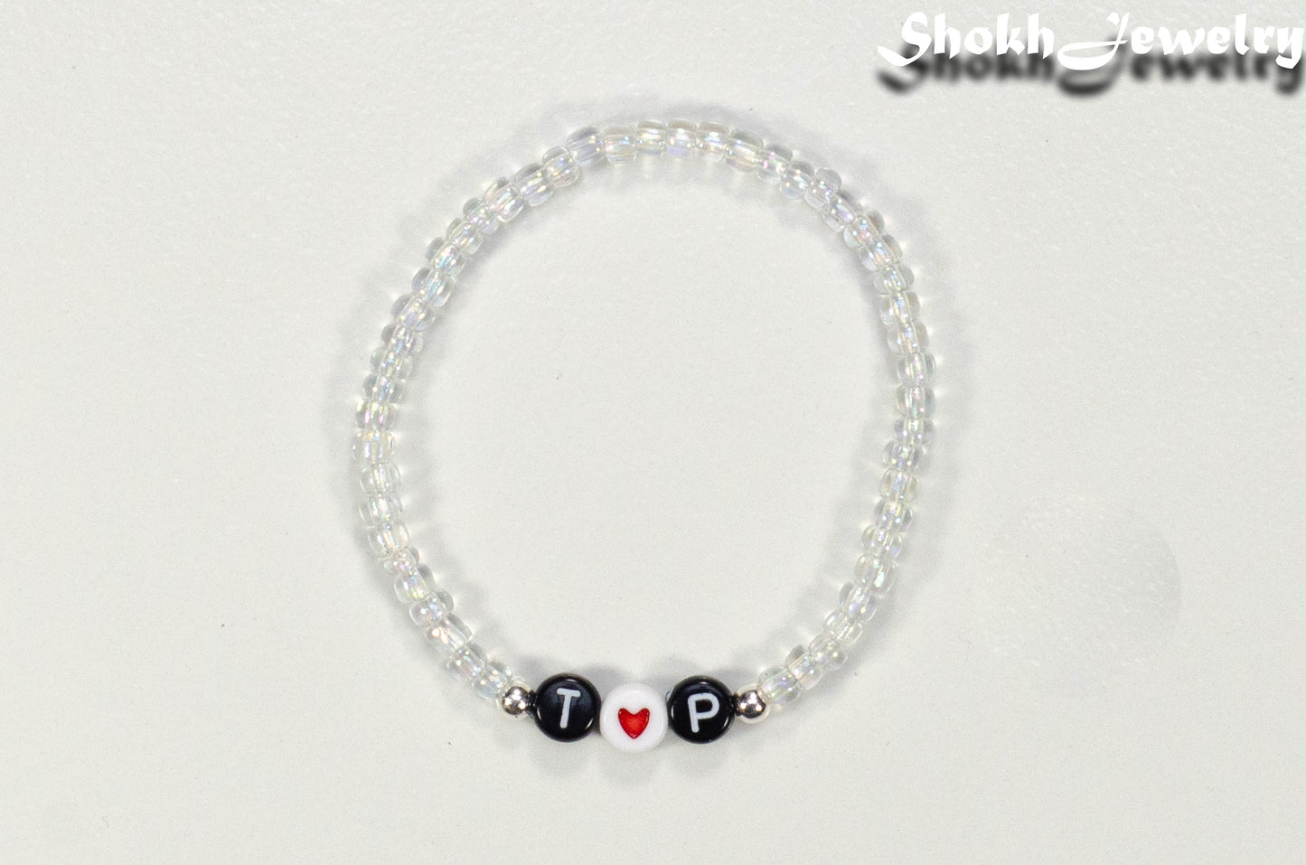 Top view of Clear Seed Beads Bracelet with Initials.