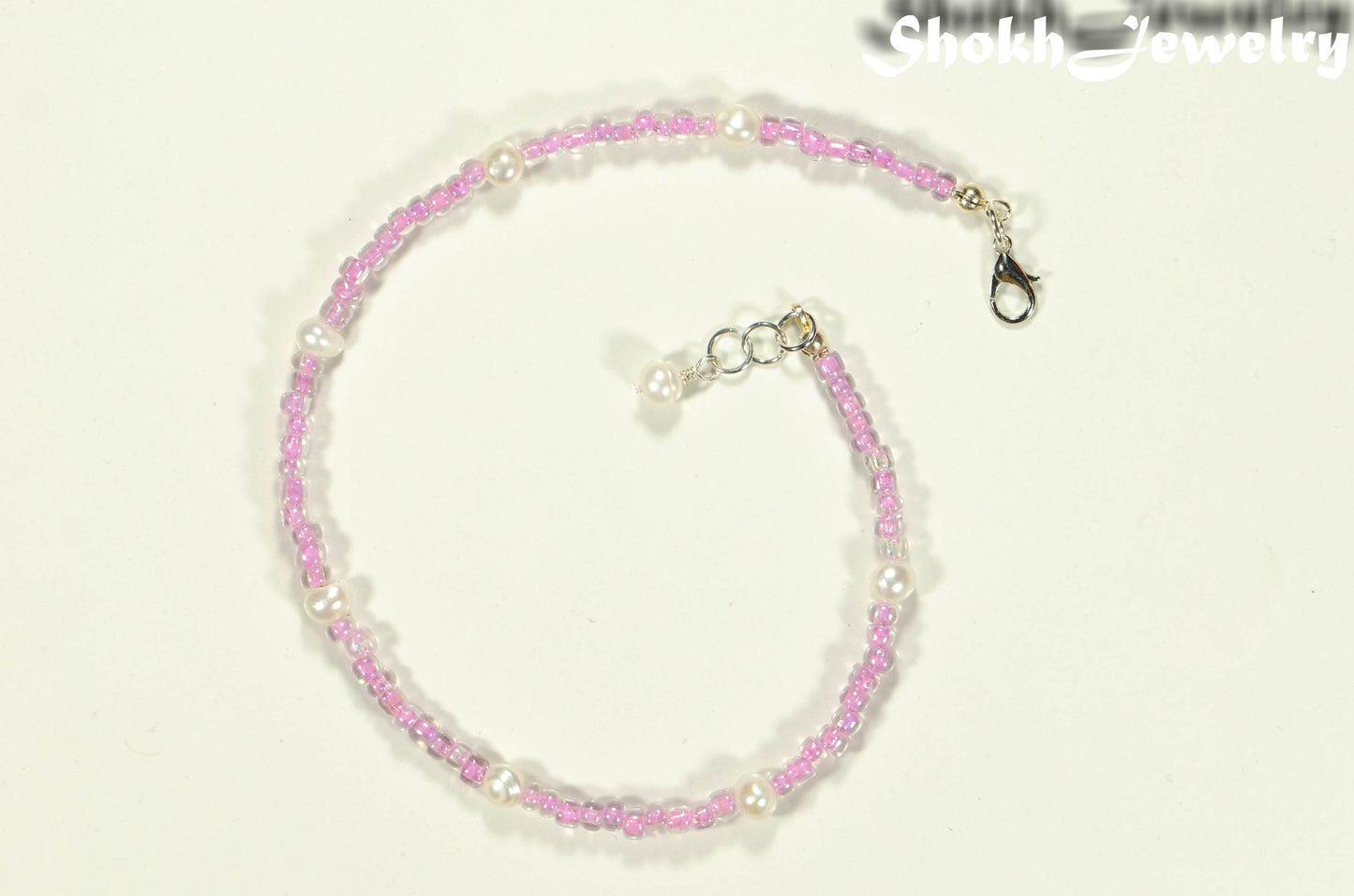 Top view of Freshwater Pearl and Pink Seed Bead Anklet.