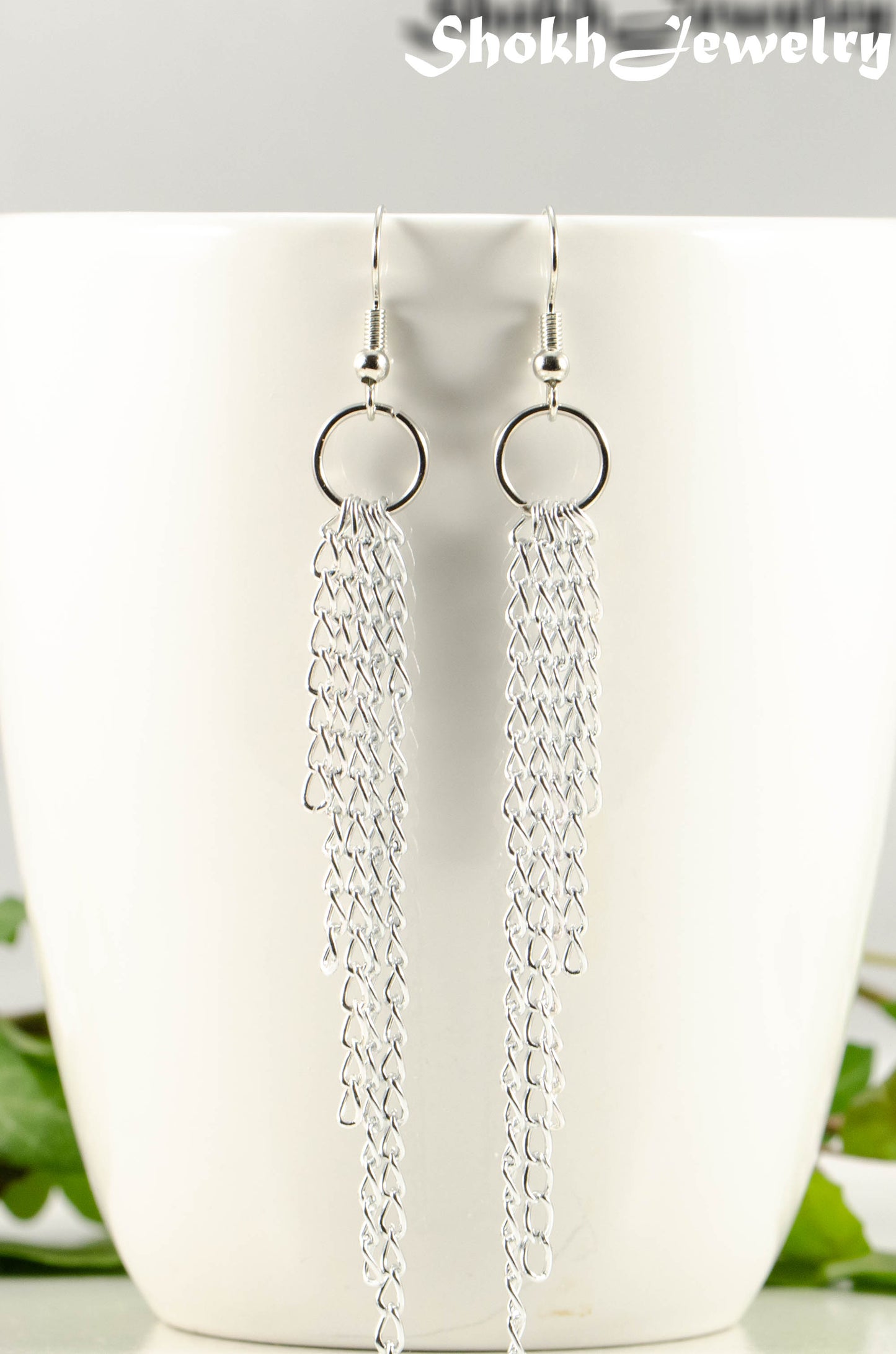 Close up of Extra Long Aluminum Chain Earrings.