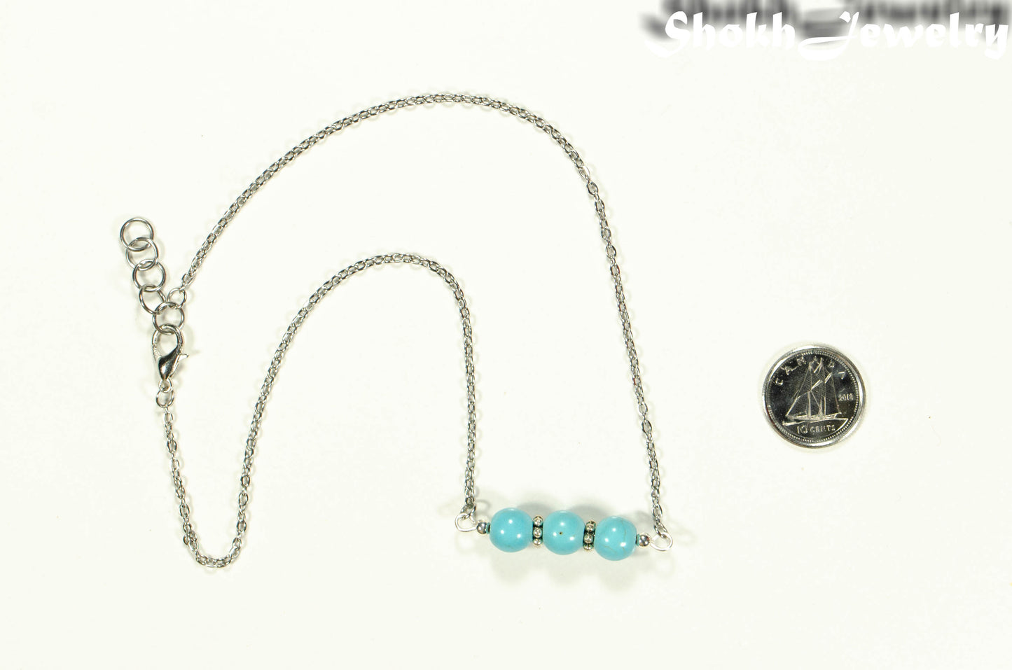 Turquoise Howlite and Dainty Chain Choker Necklace beside a dime.