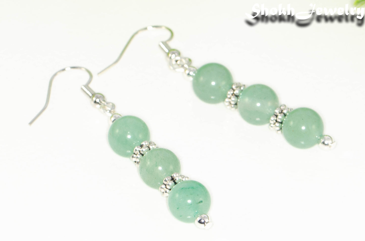 Close up of Natural Green Aventurine Beaded Bar Earrings.