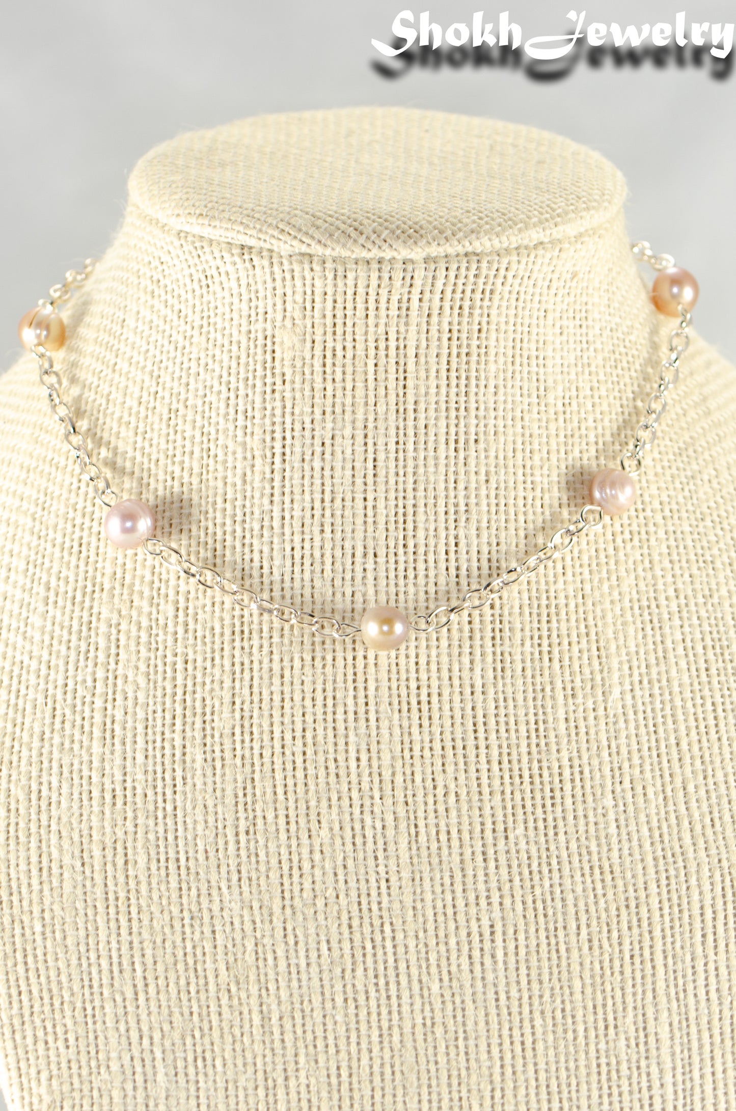 Close up of Lavender Freshwater Pearl and Dainty Chain Choker Necklace.