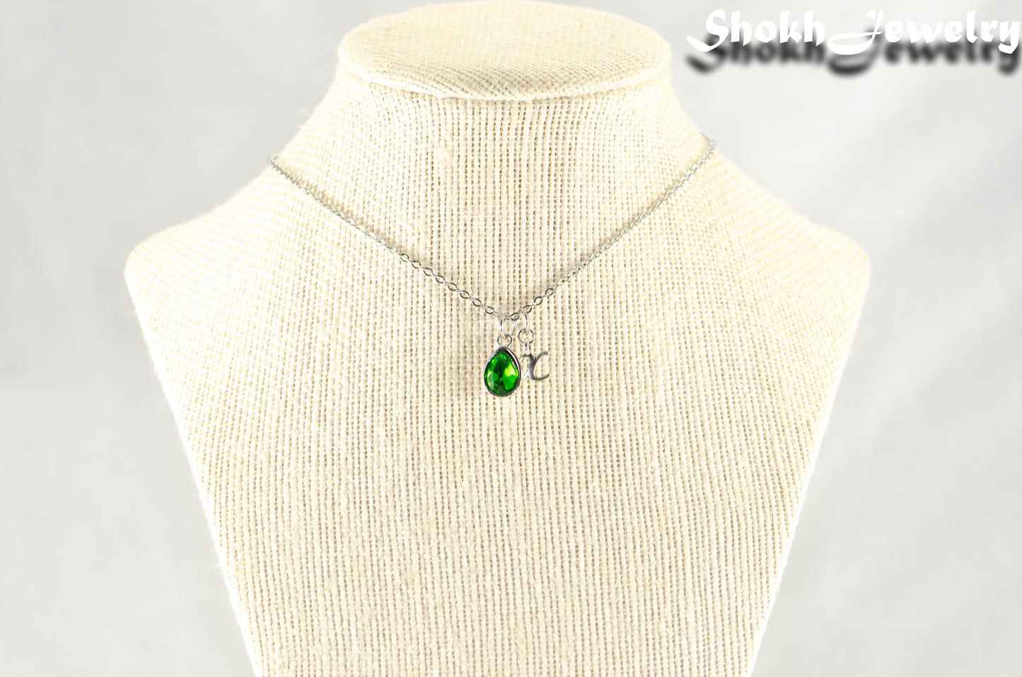 Small Personalized May Birthstone Choker Necklace displayed on a bust.