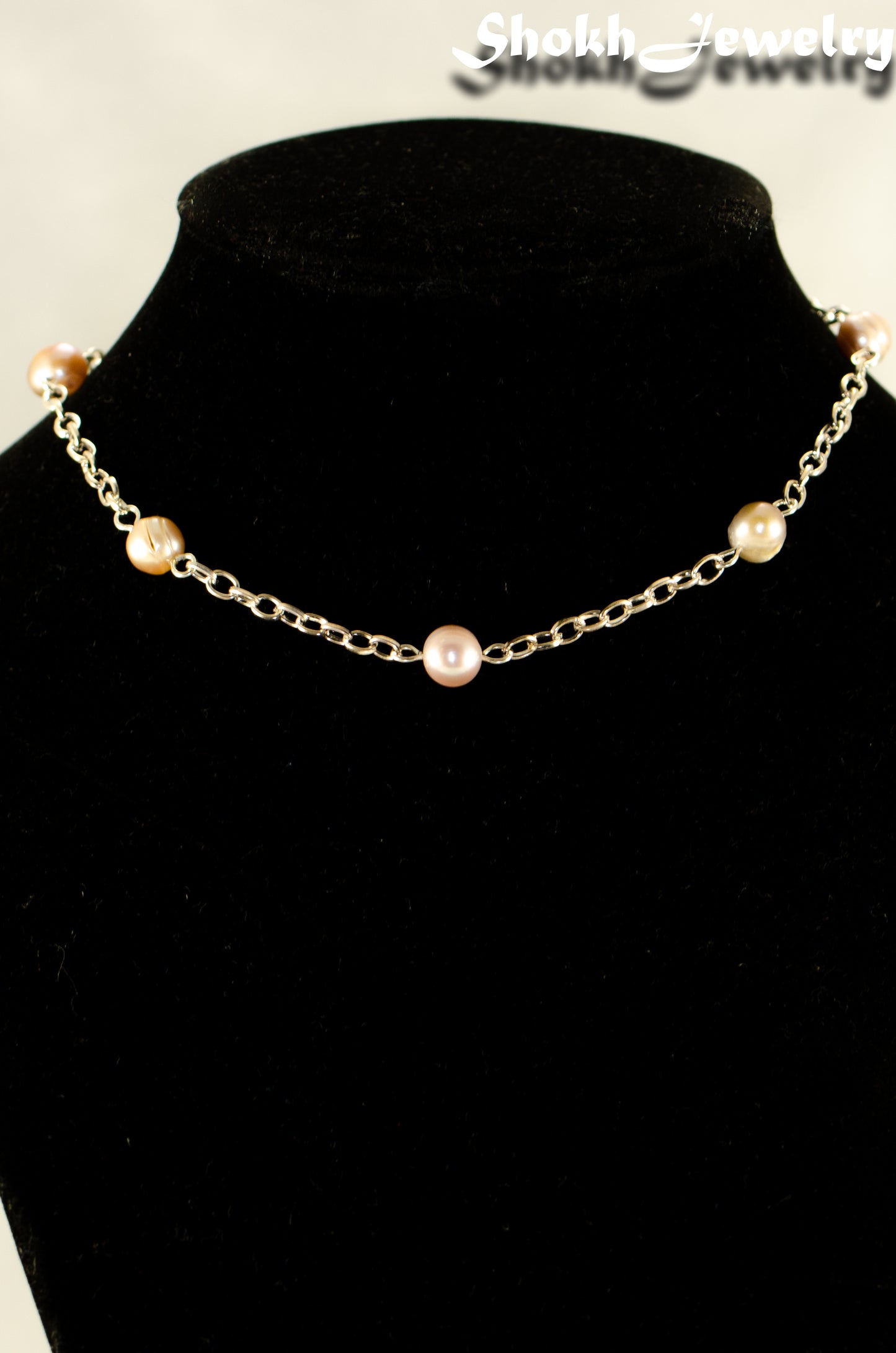 Close up of Lavender Freshwater Pearl and Dainty Chain Choker Necklace.