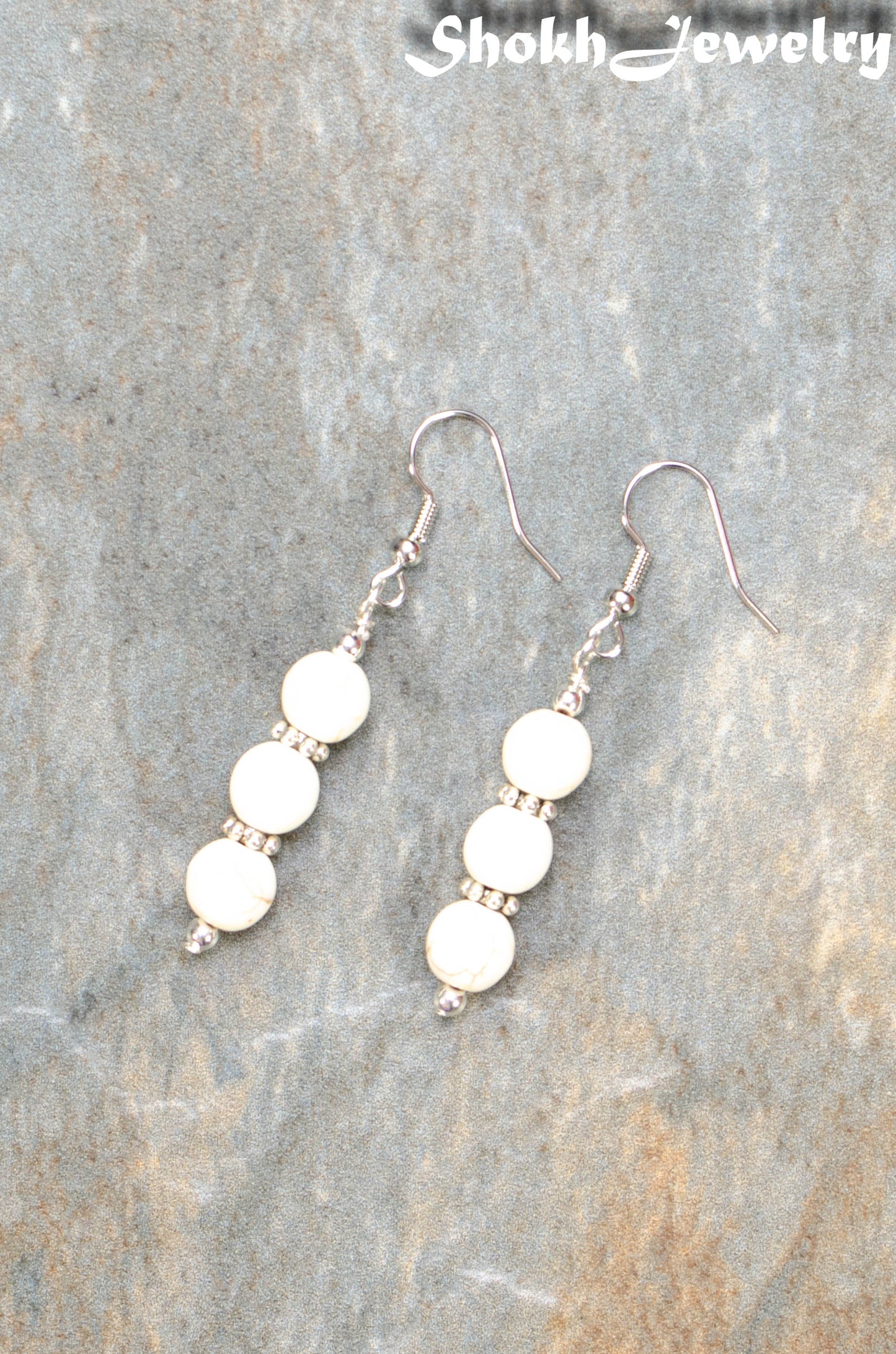 Top view of Natural White Howlite Beaded Bar Earrings.