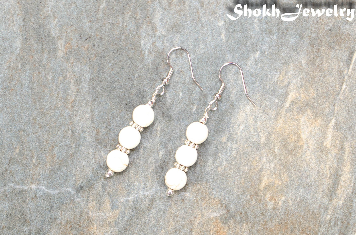 Natural White Howlite Beaded Bar Earrings