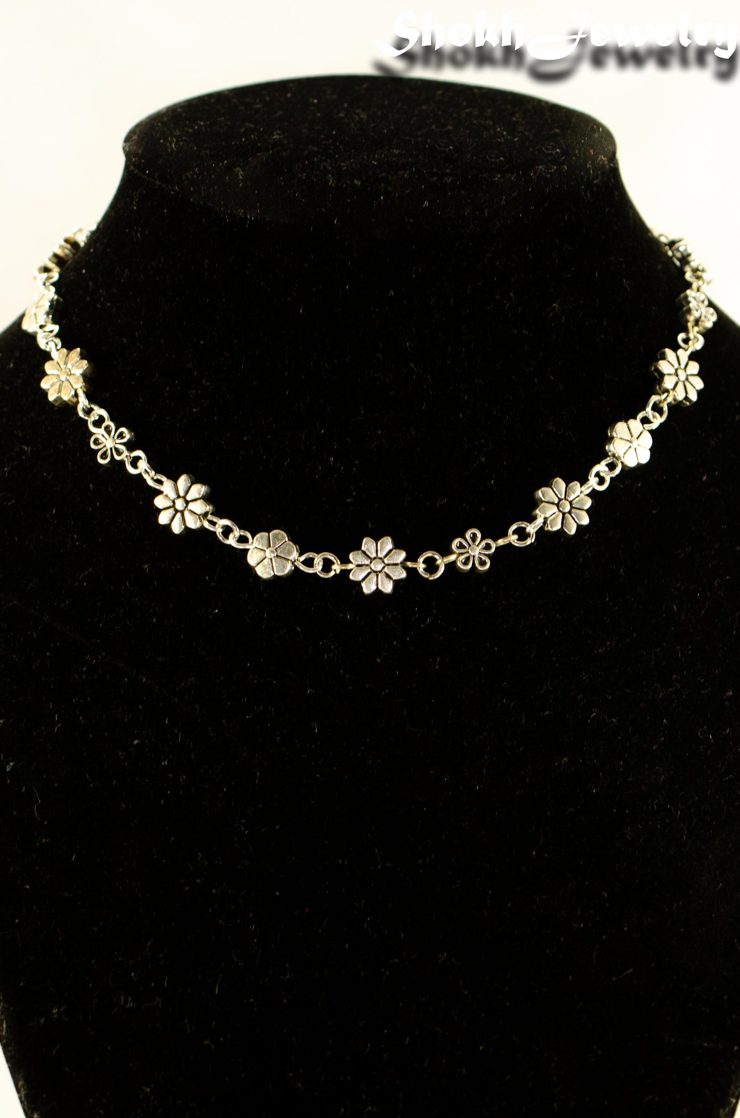 Close up of Dainty Tibetan Silver Flower Choker Necklace.