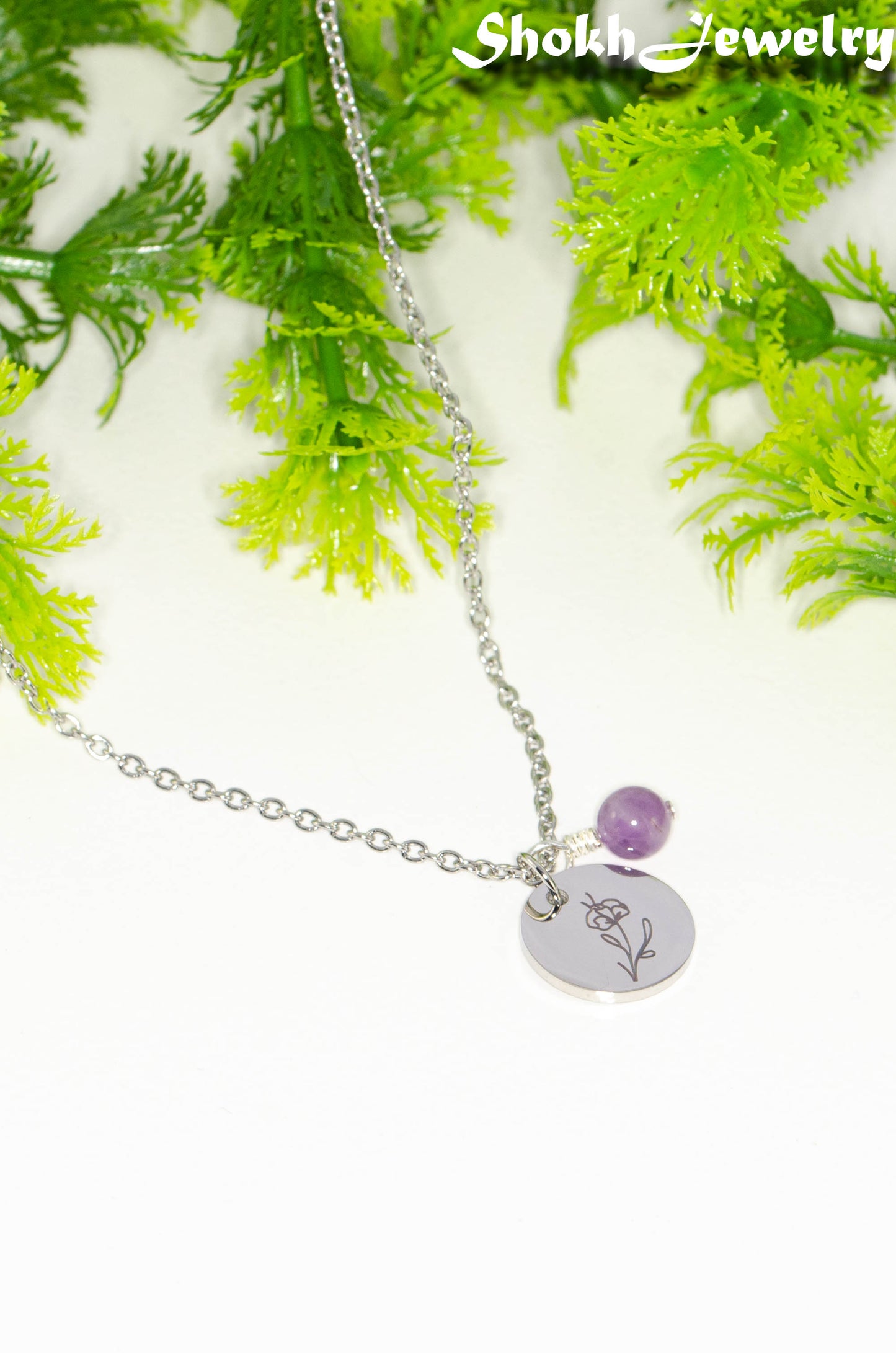 February Birth Flower Necklace with Amethyst Birthstone Pendant