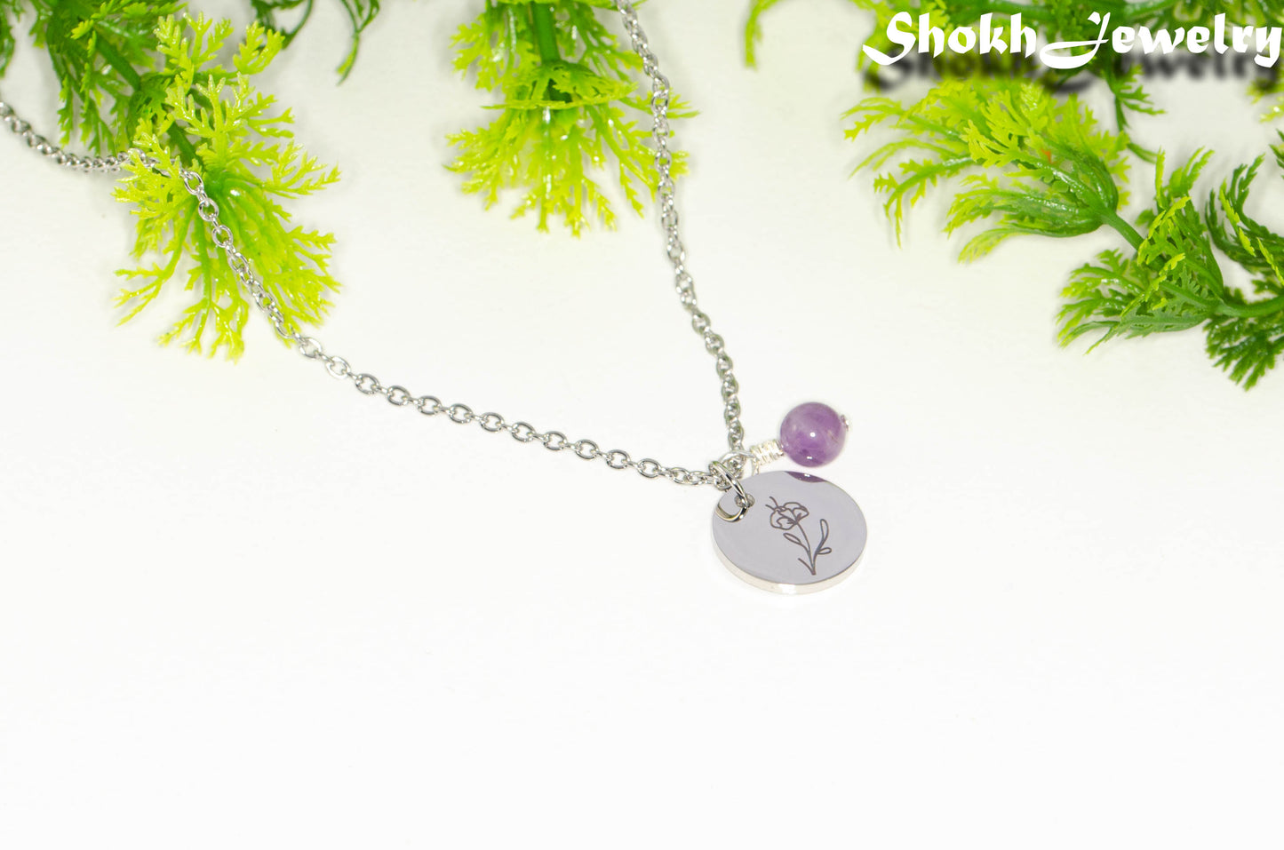 February Birth Flower Necklace with Amethyst Birthstone Pendant.