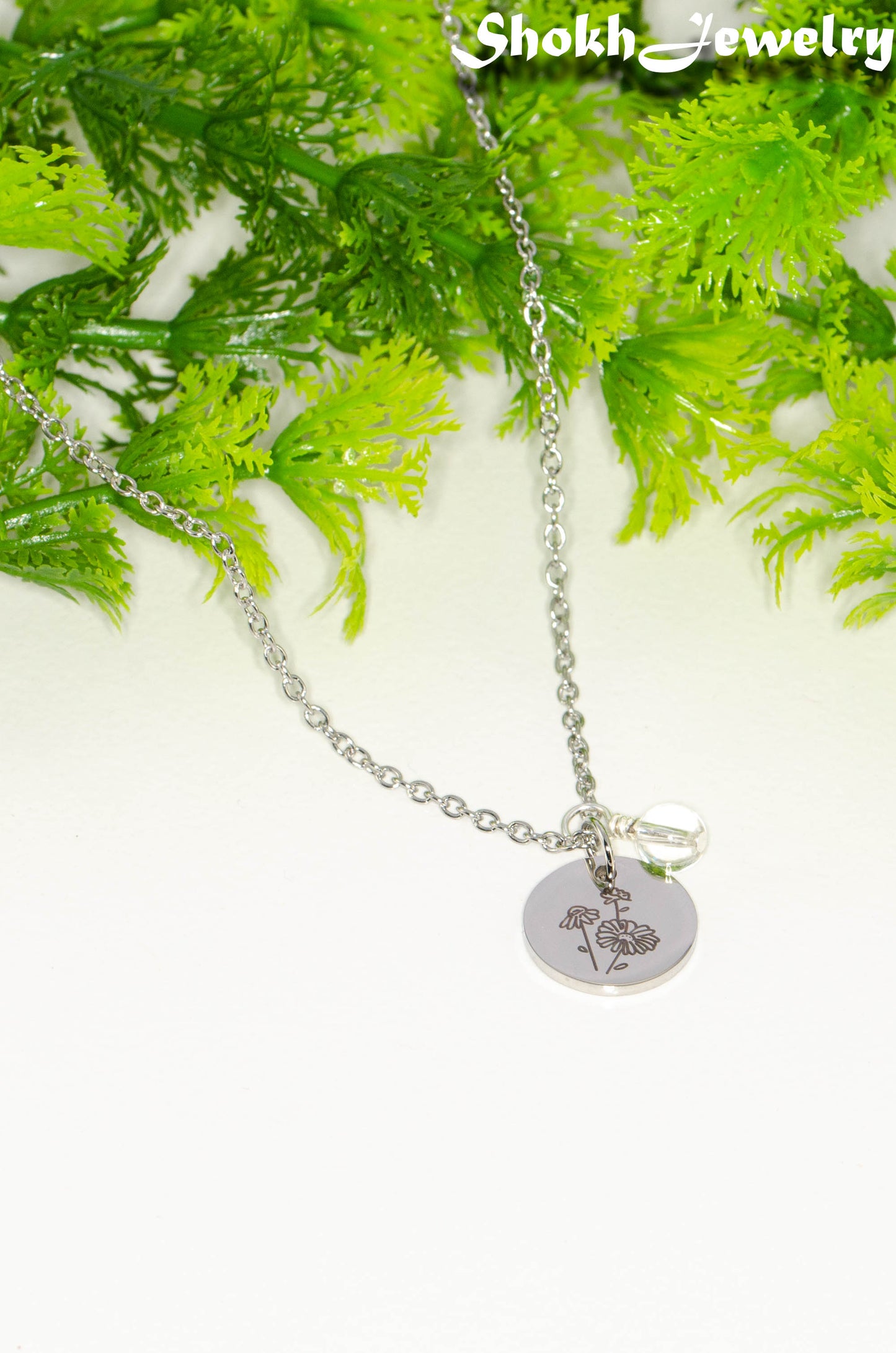 April Birth Flower Necklace with Clear Quartz Birthstone Pendant