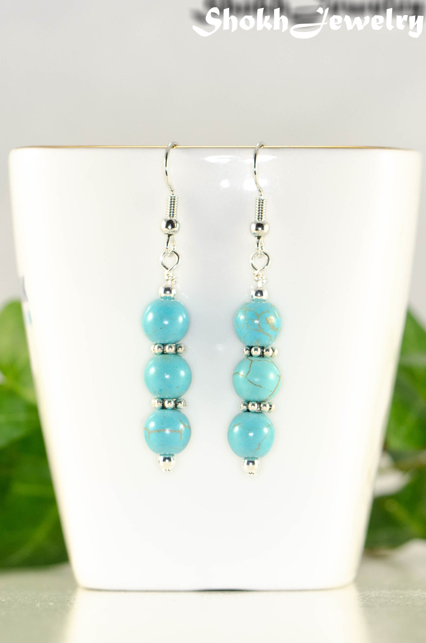 Fron view of Turquoise Howlite Beaded Bar Earrings.