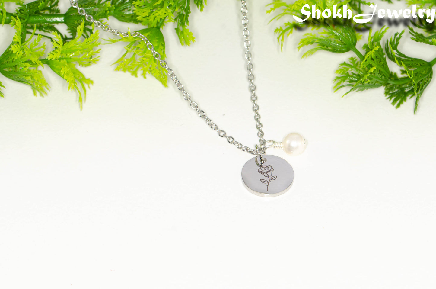 June Birth Flower Necklace with Freshwater Pearl Birthstone Pendant.