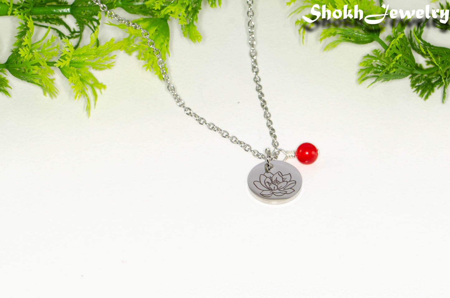 July Birth Flower Necklace with Red Ruby Birthstone Pendant.