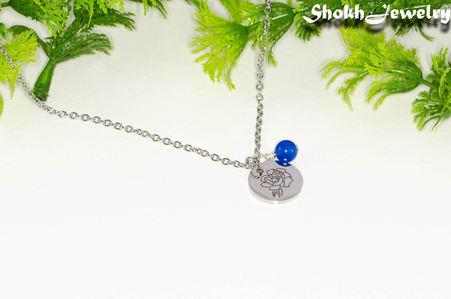 September Birth Flower Necklace with Sapphire Birthstone Pendant.