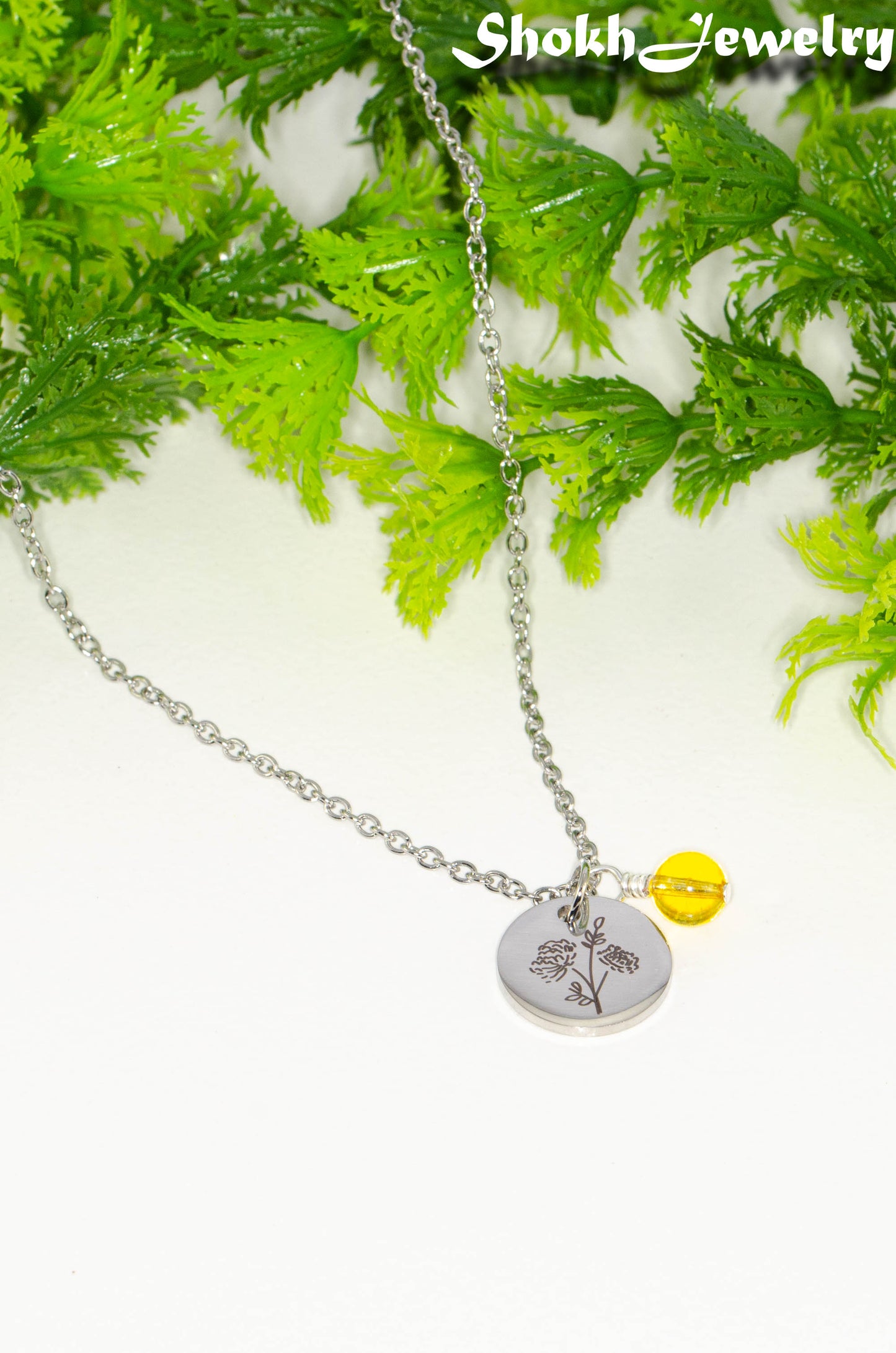 November Birth Flower Necklace with Citrine Birthstone Pendant.