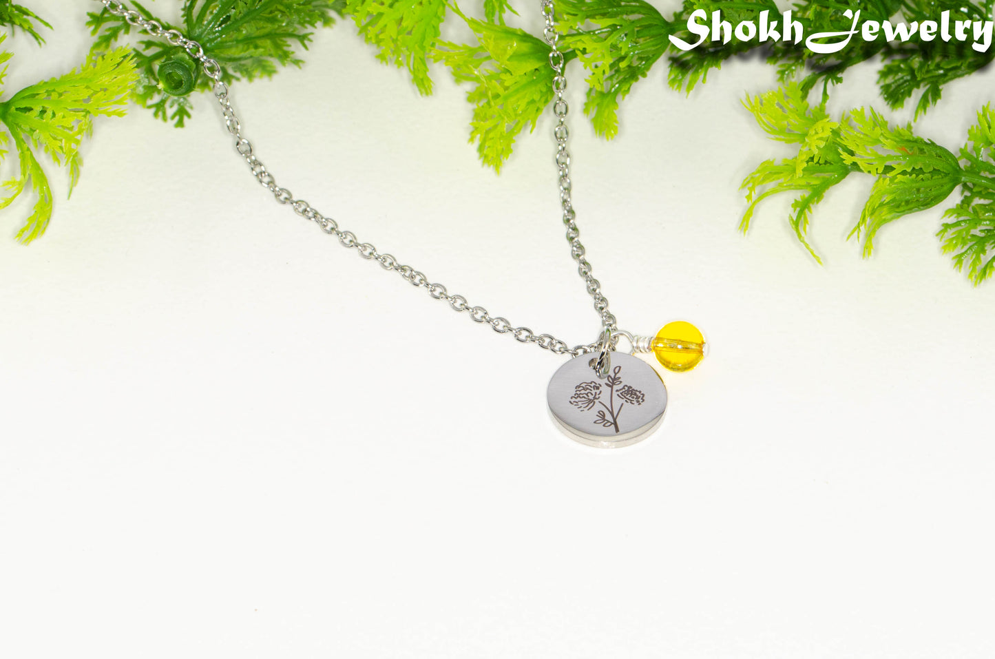 November Birth Flower Necklace with Citrine Birthstone Pendant.