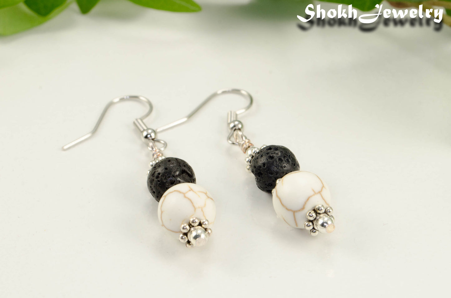 White Howlite and Black Lava Rock Earrings.