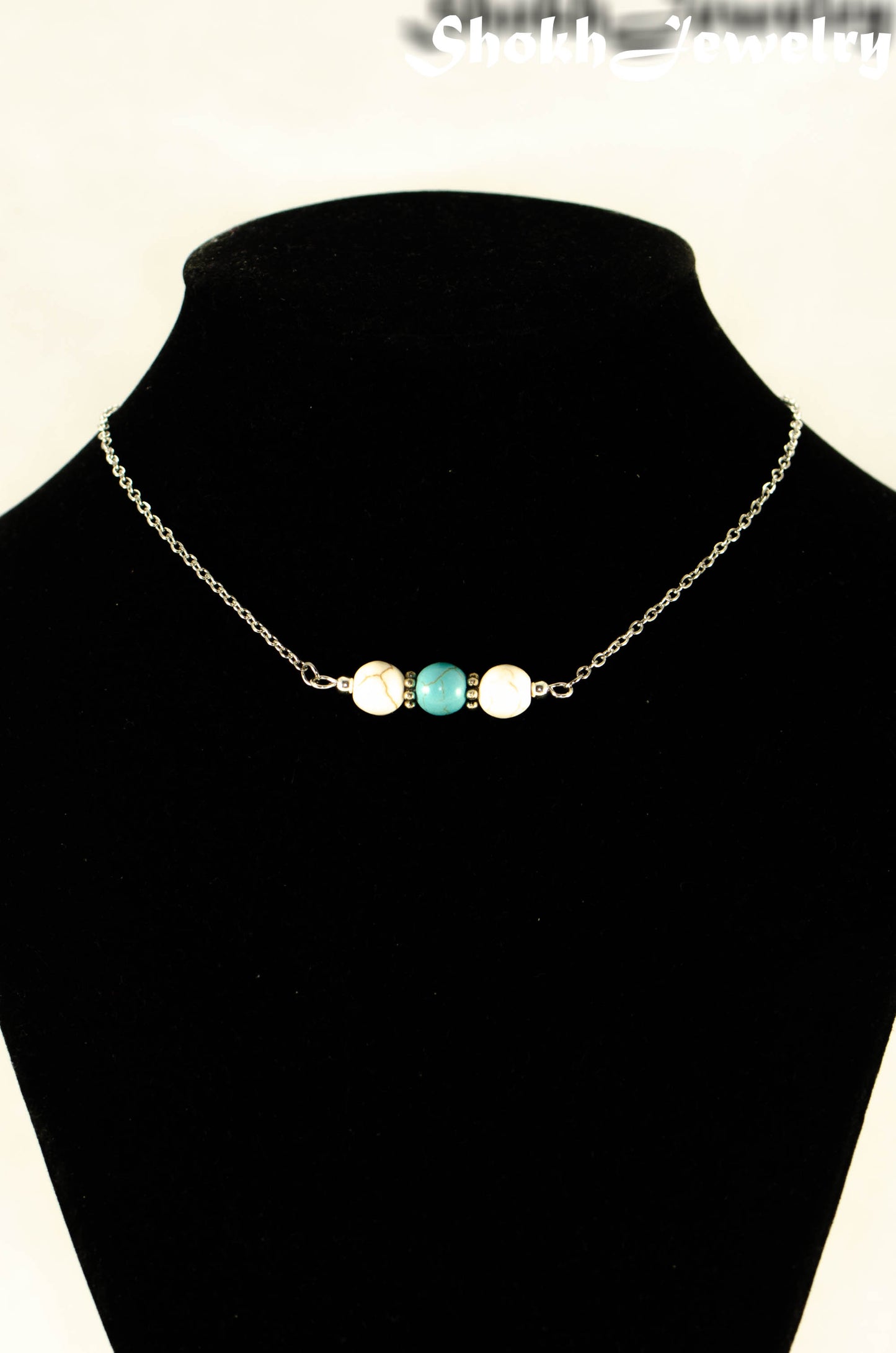 White and Turquoise Howlite and Dainty Chain Choker Necklace.