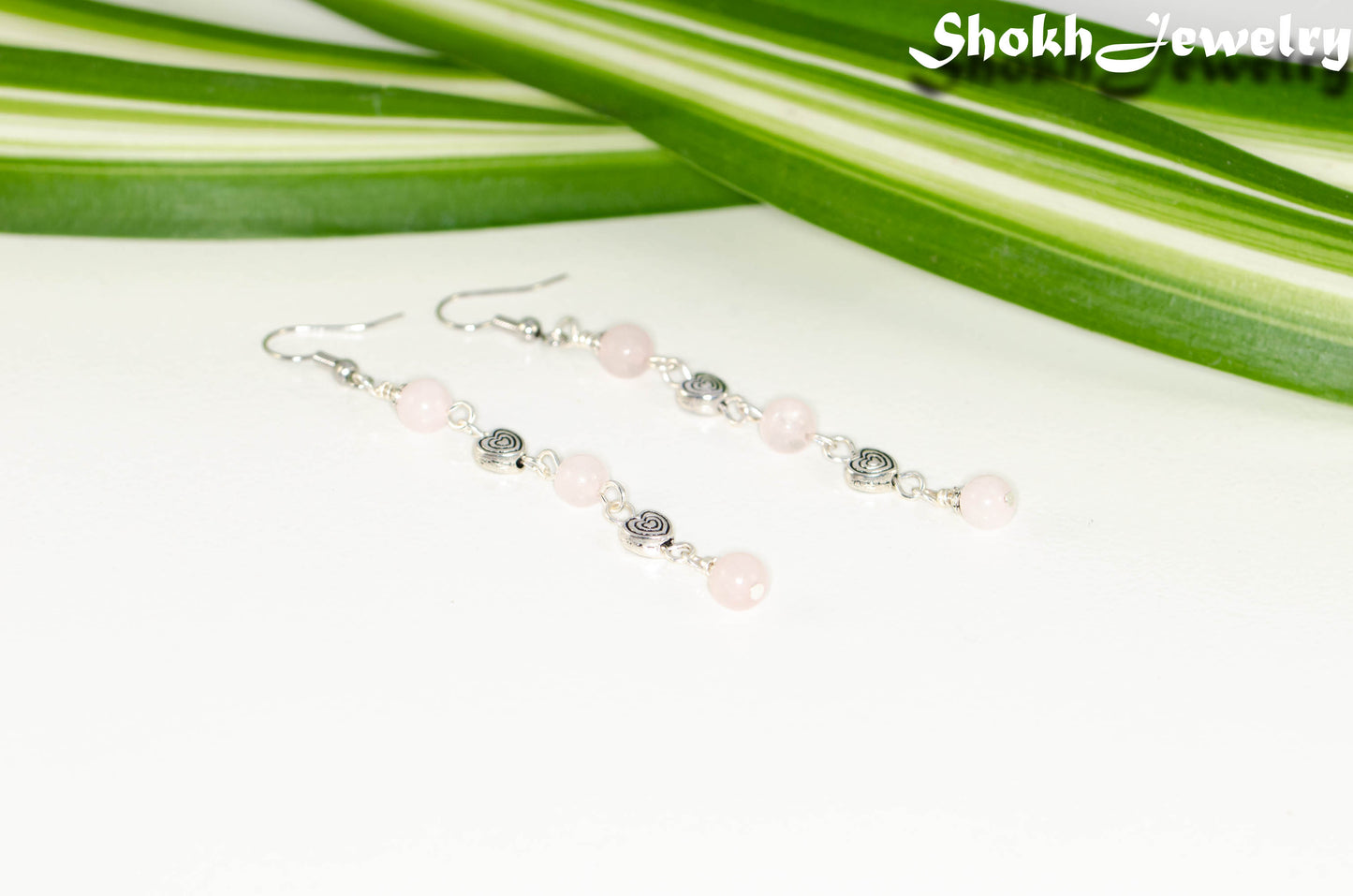 Long Rose Quartz and Heart Earrings.