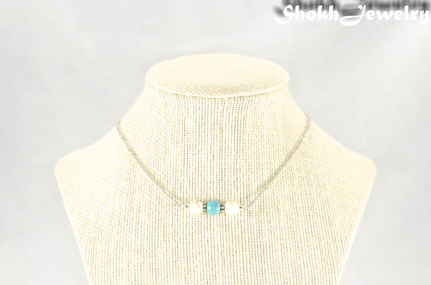 White and Turquoise Howlite and Dainty Chain Choker Necklace.