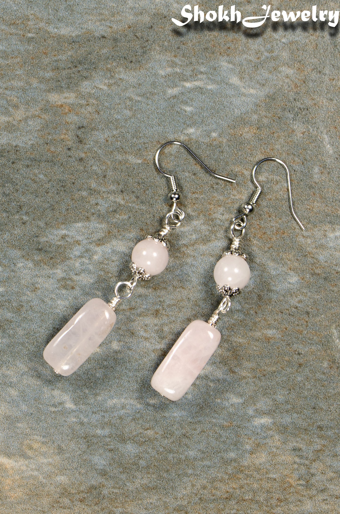 Top view of Statement Rose Quartz Crystal Earrings.