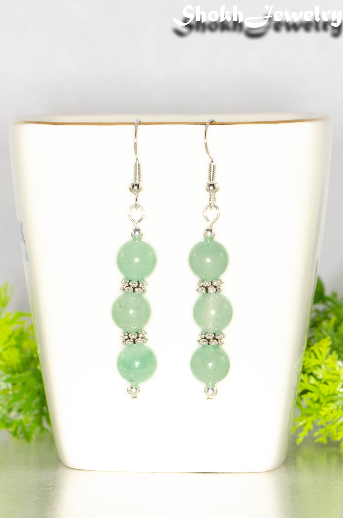 Front view of Natural Green Aventurine Beaded Bar Earrings.