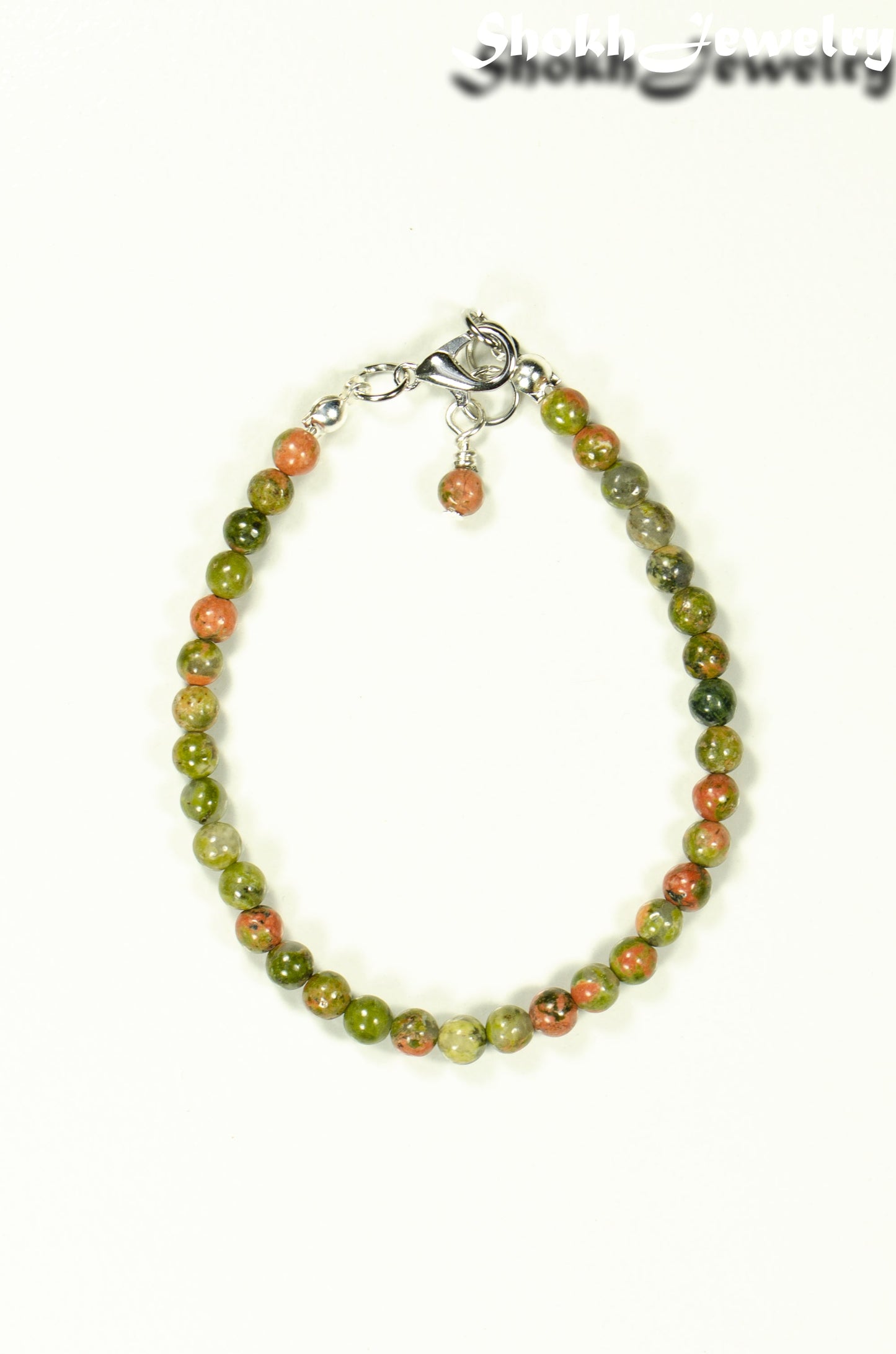 Top view of 4mm Natural Unakite anklet with Clasp.