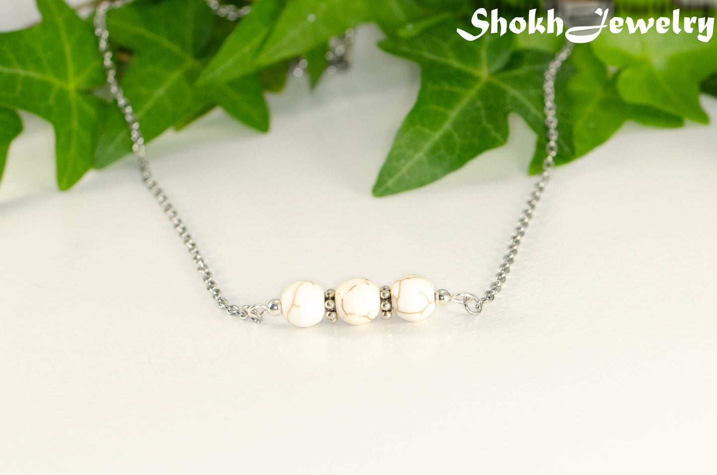 Close up of White Howlite and Dainty Chain Choker Necklace.