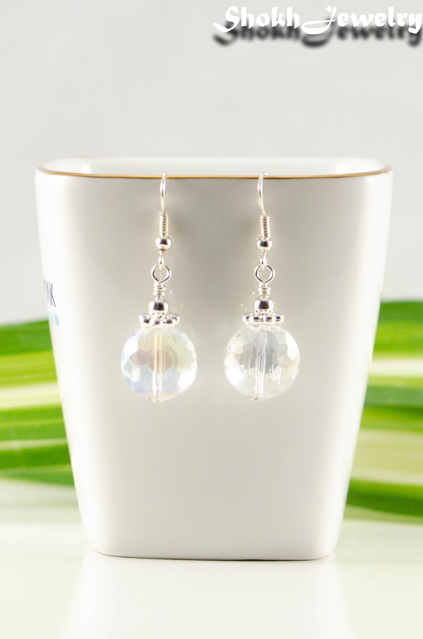 Close up of Clear AB Glass Crystal Beads Earrings.