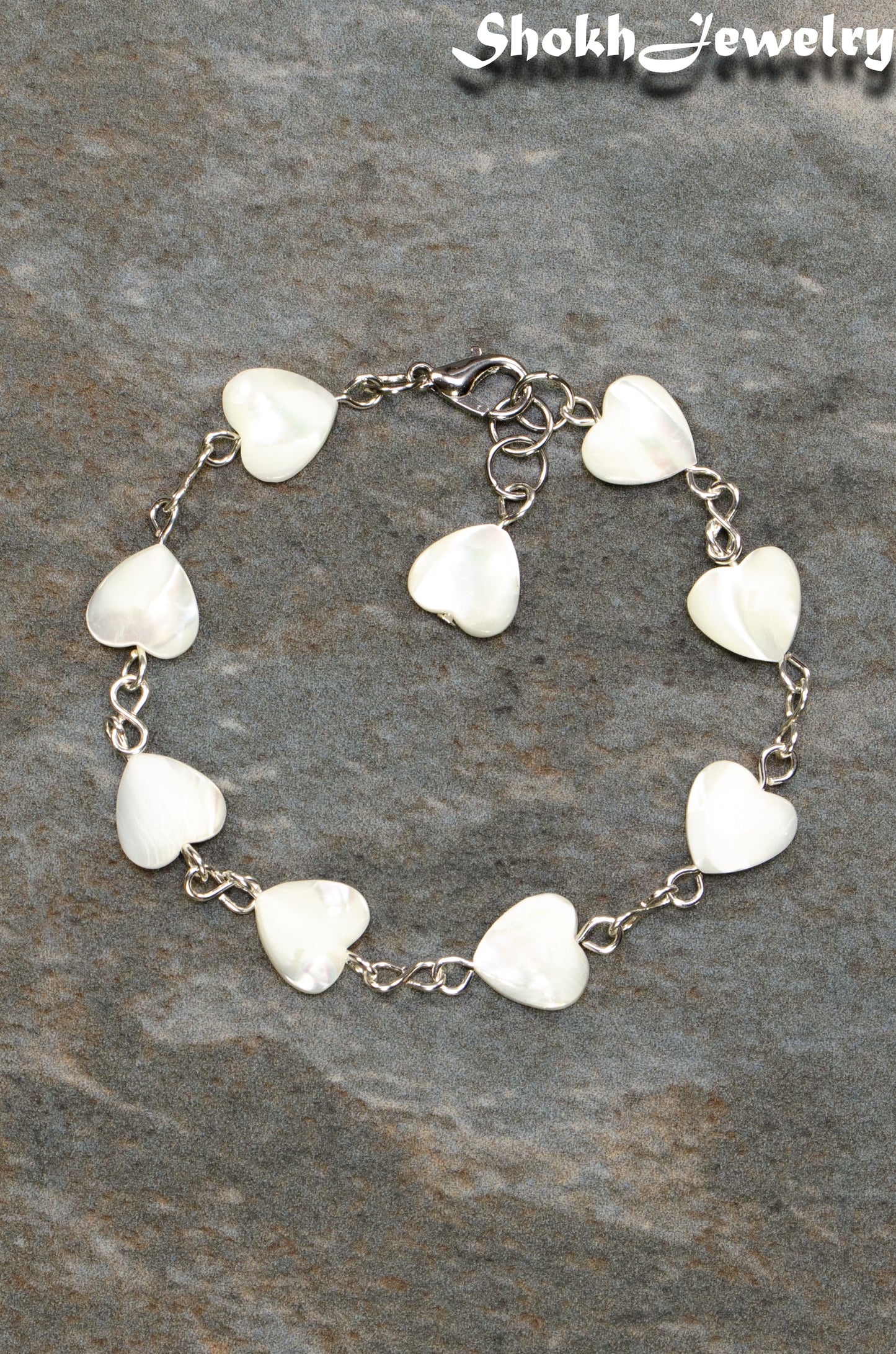 Top view of Natural Seashell Heart Link Bracelet.