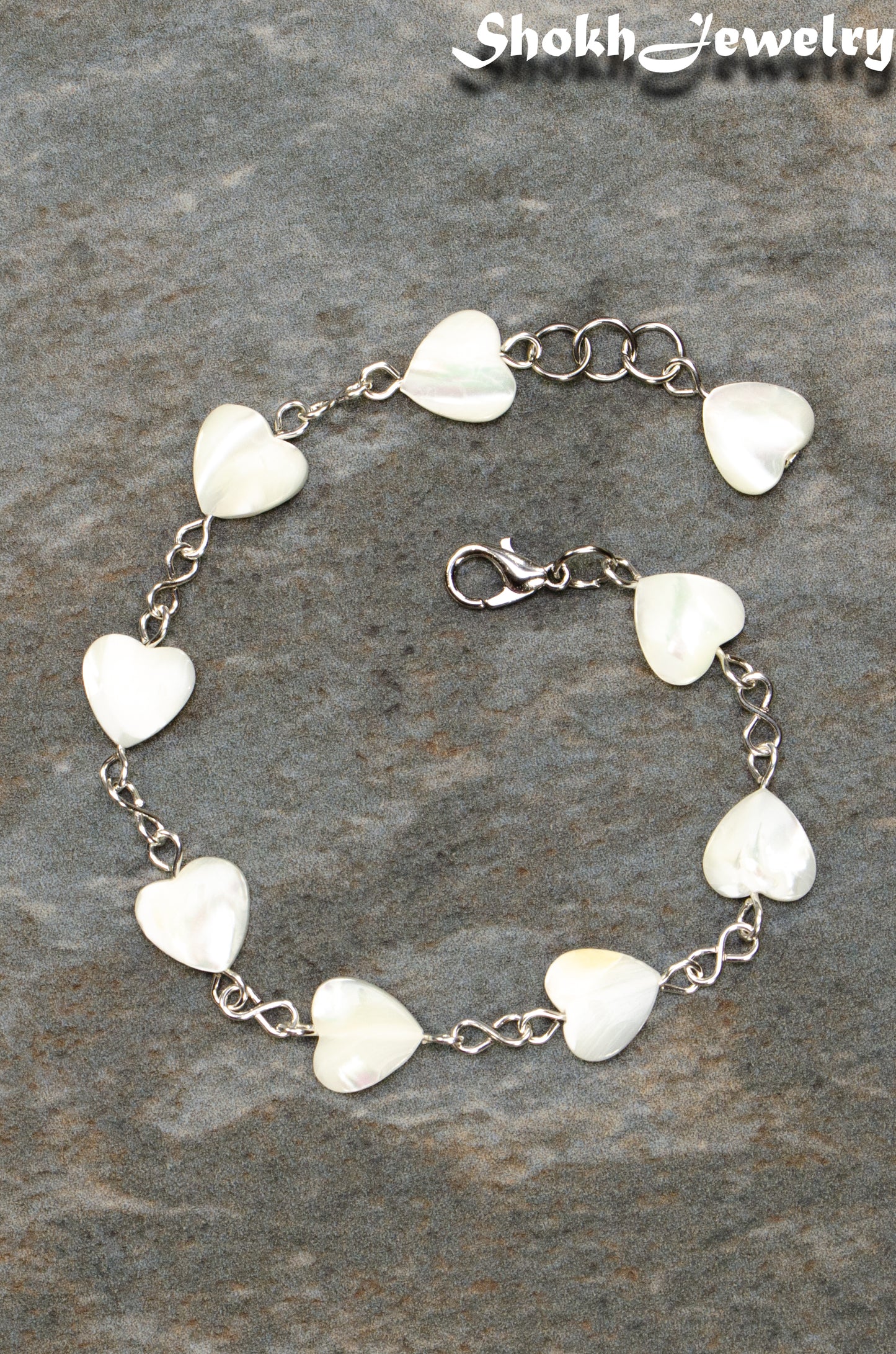 Top view of Natural Seashell Heart Link Bracelet.