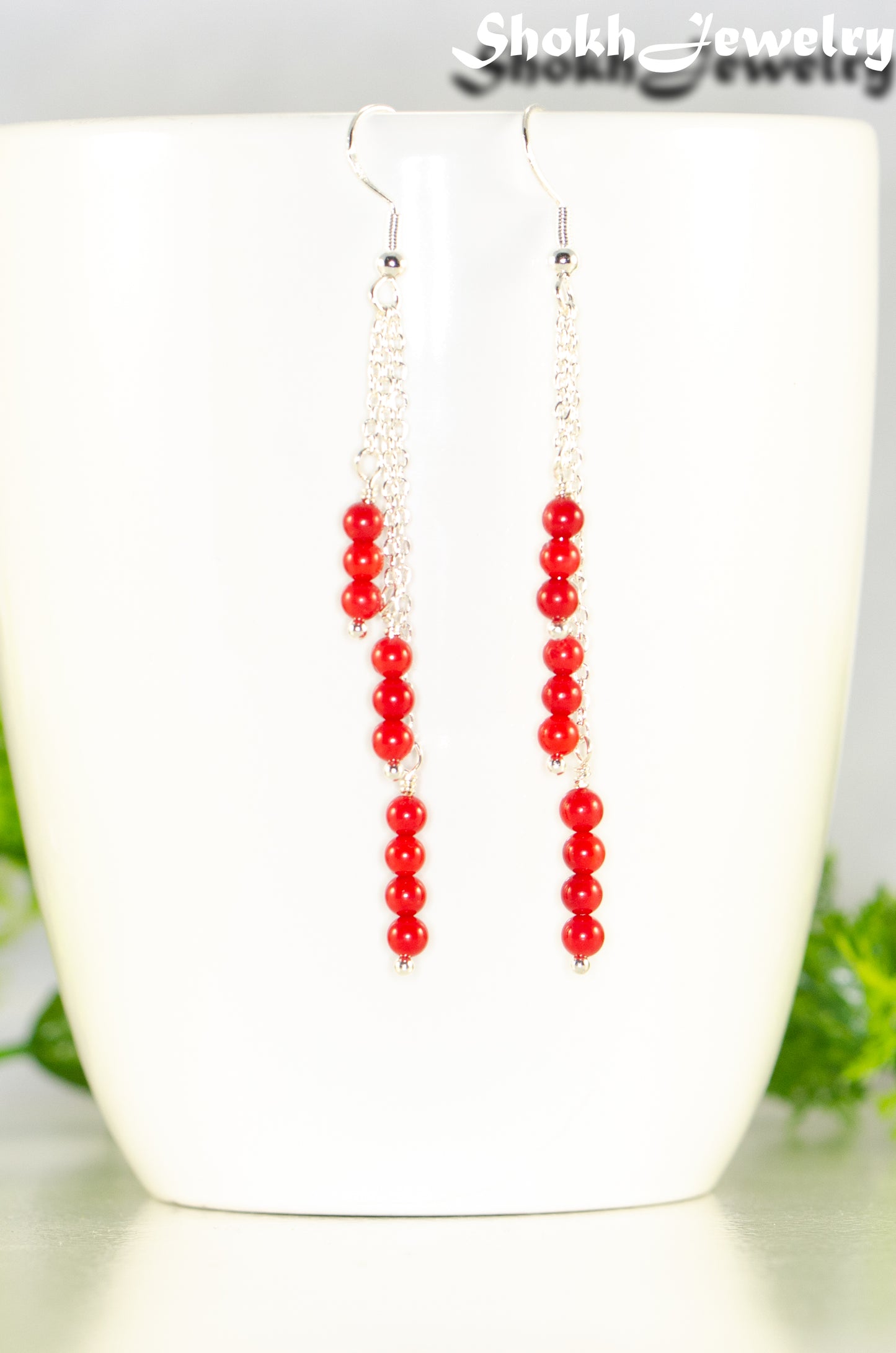 Close up of Silver Plated Chain and Red Coral Earrings.