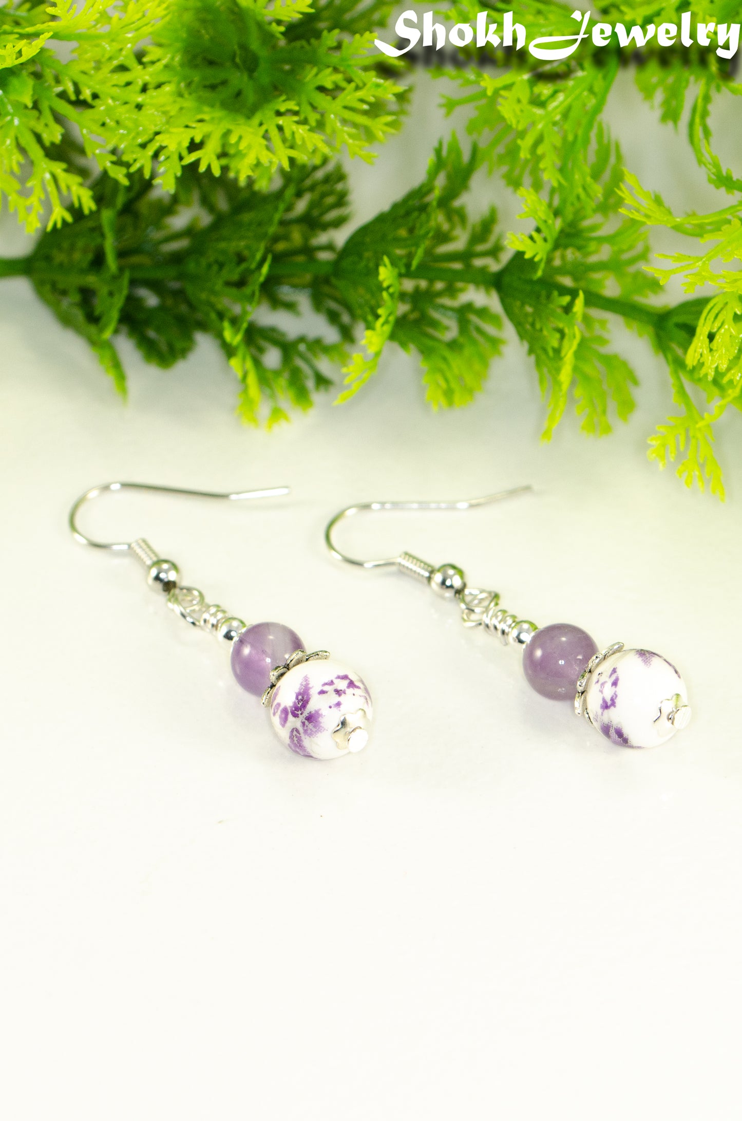 Small Floral Ceramic Bead and Amethyst Earrings.