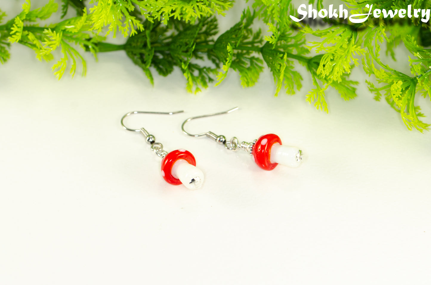 Tiny Red Mushroom Glass Bead Earrings.