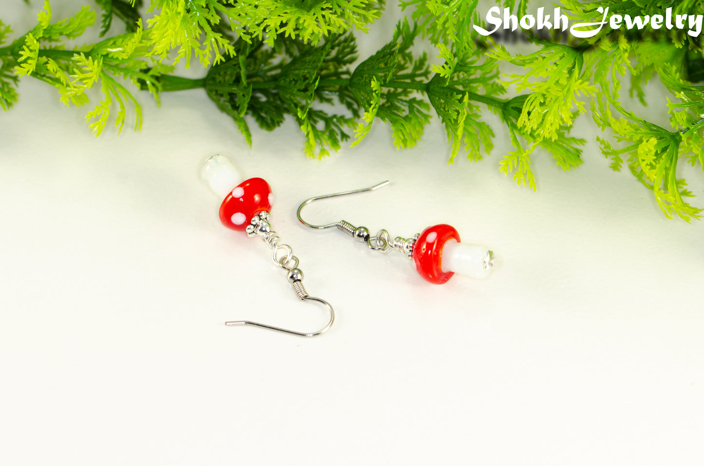 Tiny Red Mushroom Glass Bead Earrings.