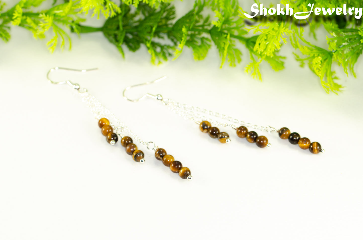 Silver Plated Chain and Tiger's Eye Stone Earrings.