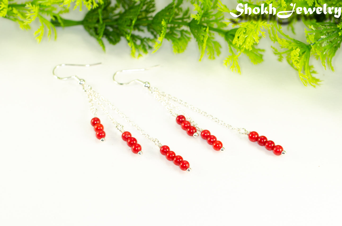 Silver Plated Chain and Red Coral Earrings.
