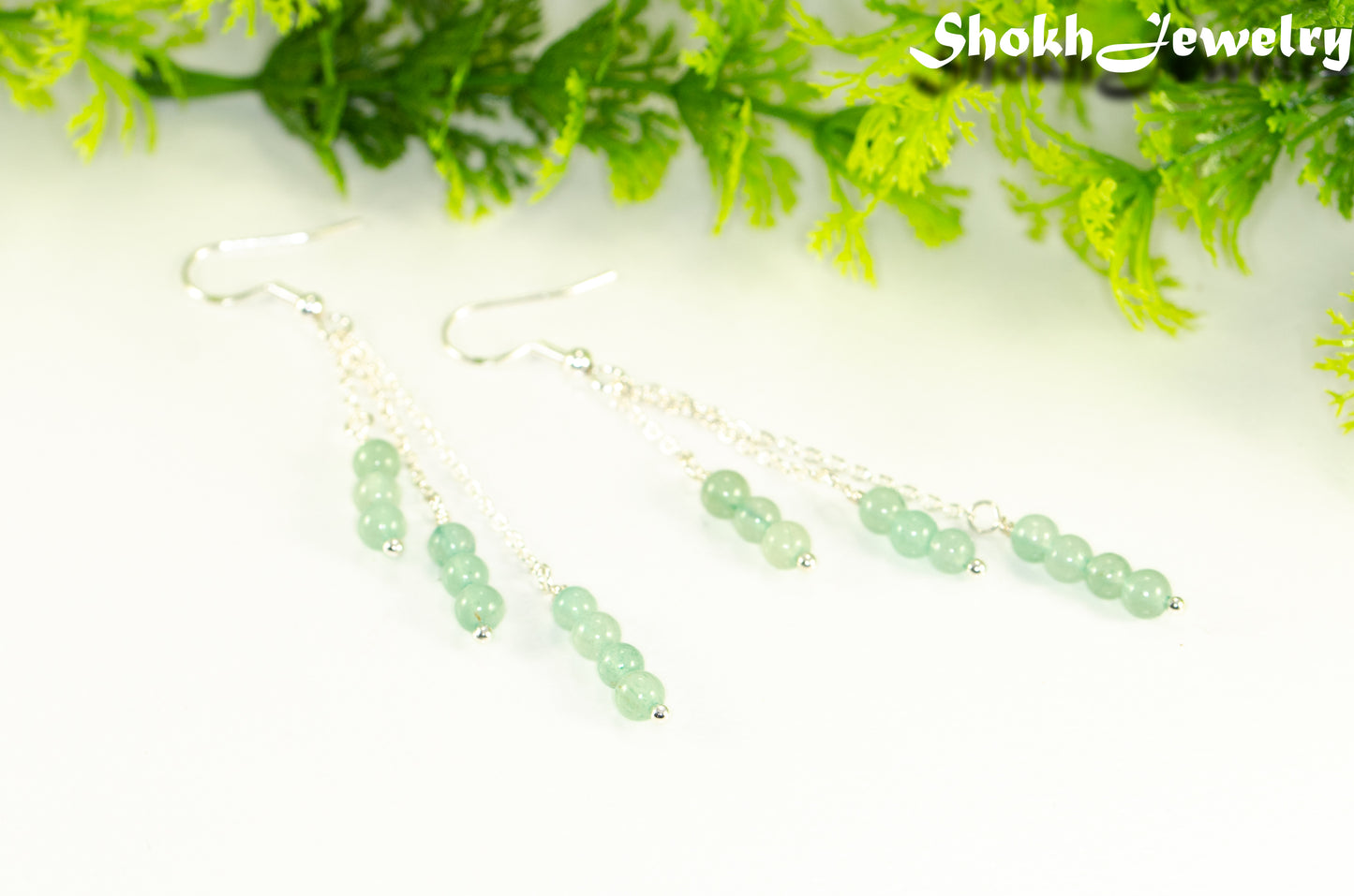 Silver Plated Chain and Green Aventurine Crystal Earrings.