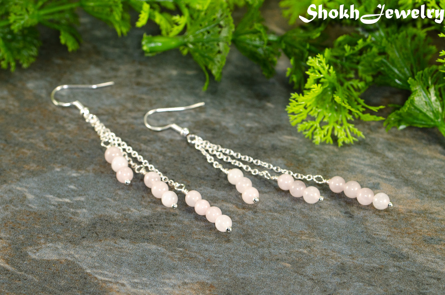 Silver Plated Chain and Rose Quartz Crystal Earrings.