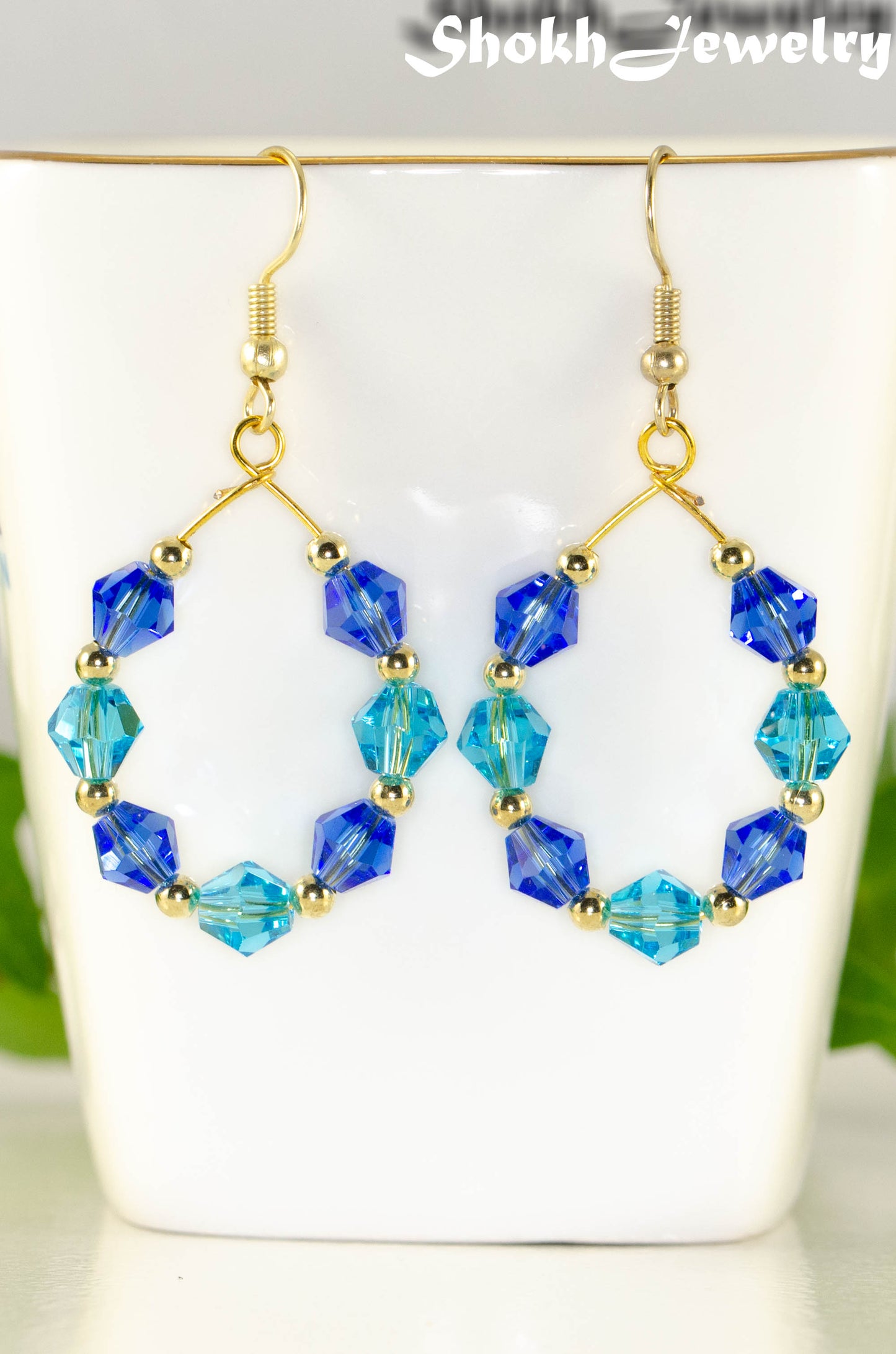 Blue Glass Crystal Hoop Earrings.