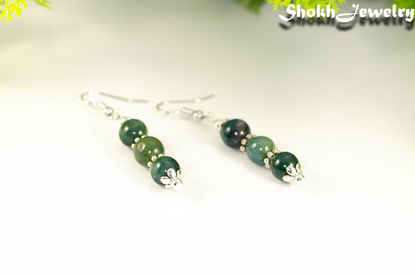 Natural Moss Agate Beaded Bar Earrings.