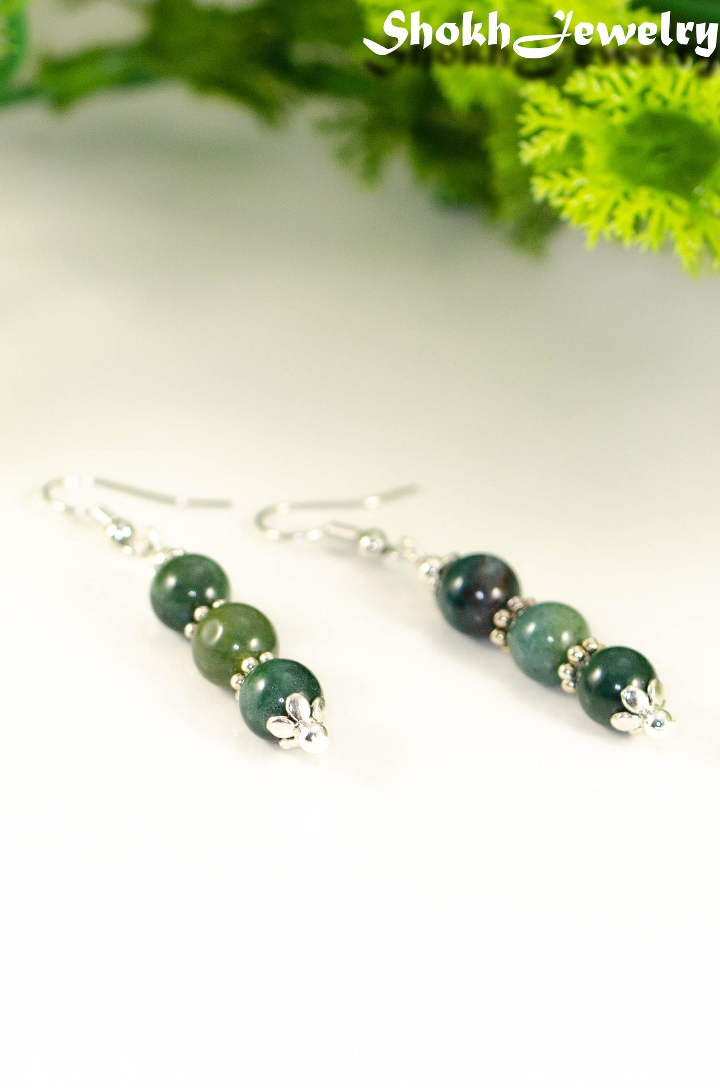 Natural Moss Agate Beaded Bar Earrings.